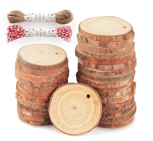 Holzscheiben zum Basteln, 60er-Pack, 4-5cm, Unbehandeltes Holz Log Scheiben mit Loch Runde Naturholzscheiben für DIY Handwerk Basteln Hochzeit Weihnachten Dekoration Baumscheib von Generisch