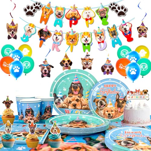 Hund Geburtstag Deko,Dog Theme Birthday Decorations Tableware Set-Dog Birthday Banner Partyteller Cups Tablecloth Luftballons&Puppy Cupcake Toppers ect... von Generisch