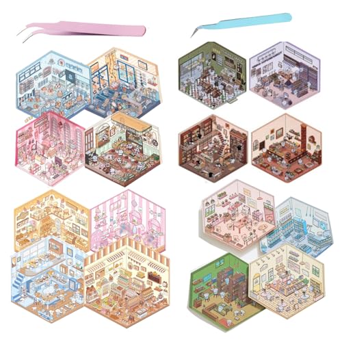 Isometric Room Stickers, Diy 3d House Stickers, 3d Sticker Scene, Sticker Room Book for Adults, Isometric Sticker Kit, 3d Miniature Scene Stickers for Adult Kids Pass The Time (4set) von Generisch