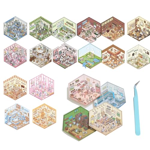 Isometric Room Stickers, Diy 3d House Stickers, 3d Sticker Scene, Sticker Room Book for Adults, Isometric Sticker Kit, 3d Miniature Scene Stickers for Adult Kids Pass The Time (5set) von Generisch