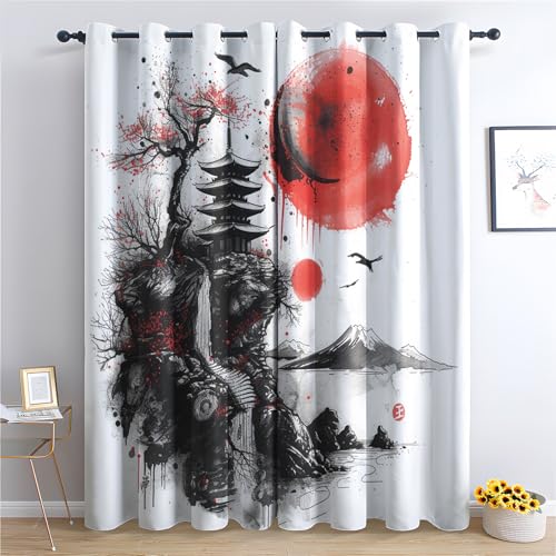 Japanische Pagode Vorhang, Anime Sonnenuntergang Gardinen mit Ösen 2er Set Verdunkelungsvorhang, Pflaumenblüte Vorhänge, Wohnzimmer Schlafzimmer Kinderzimmer Blickdichte vorhänge, 183x214 cm 2u&k-239 von Generisch