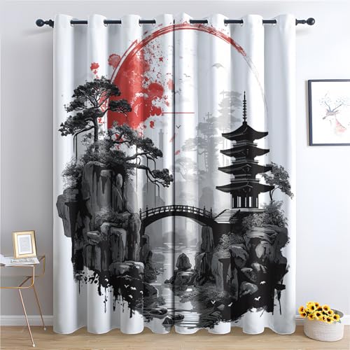 Japanische Pagode Vorhang, Landschaft Gardinen mit Ösen 2er Set Verdunkelungsvorhang, Japanisch Vorhänge, Wohnzimmer Schlafzimmer Kinderzimmer Blickdichte vorhänge, 183x214 cm 2u&k-53 von Generisch