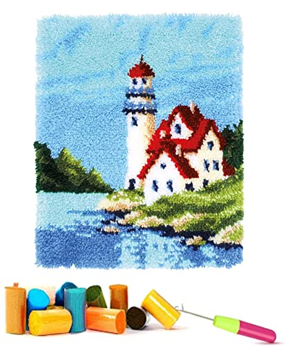 Knüpfhaken-Set, Motiv: Leuchtturm am Meer, unfertig, Häkelteppich-Set für Erwachsene und Kinder, 3D-Teppichknoten-Set, 60 x 40 cm, Beige von Generisch