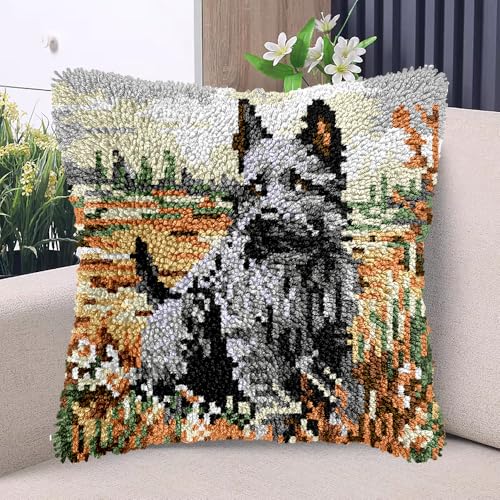 Knüpfhaken-Set mit Scottish Terrier, Kissen mit bedruckter Leinwand, handgefertigt, Kissen, Häkelgarn, Stickerei, Haken und Riegel-Set, Kissenbezug, Weihnachtsdekoration, 43 x 43 cm von Generisch