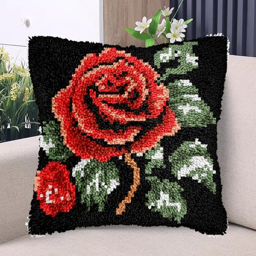 Knüpfhaken-Set mit roter Rose auf schwarzem Hintergrund, Kissen mit bedruckter Leinwand, handgefertigt, Kissen, Häkelgarn, Stickerei, Haken und Riegel-Set, Kissenbezug, Weihnachtsdekoration, 43 x 43 von Generisch