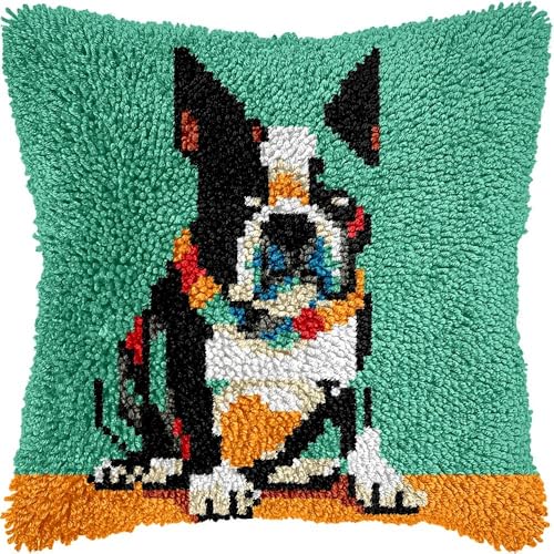 Knüpfkissen-Set für Erwachsene, Boston-Terrier-Kissenbezug mit vorgedrucktem Kissenbezug, Häkelgarn, Stickerei, Knüpfkissen für Heimdekoration, 43,2 x 43,2 cm (l68) von Generisch