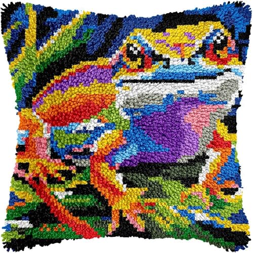 Knüpfkissen-Set für Erwachsene, Frosch-Kissenbezug mit vorgedrucktem Kissenbezug, Häkelgarn, Stickerei, Knüpfkissen, Heimdekoration, 43,2 x 43,2 cm (l153) von Generisch