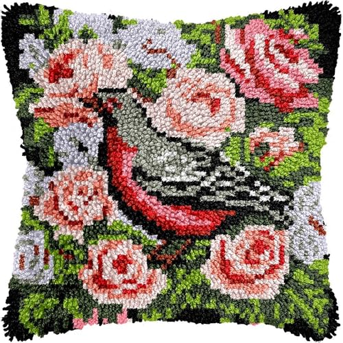 Knüpfkissen-Set für Erwachsene, Rosen- und Tauben-Kissenbezug mit vorgedrucktem Kissenbezug, Häkelgarn, Stickerei, Knüpfkissen für Heimdekoration, 43,2 x 43,2 cm (l80) von Generisch