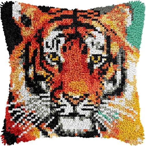 Knüpfkissen-Set für Erwachsene, Tiger-Kissenbezug mit vorgedrucktem Kissenbezug, Häkelgarn, Stickerei, Knüpfkissen, für Heimdekoration, 43,2 x 43,2 cm (l128) von Generisch