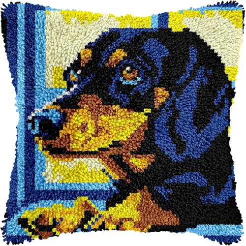 Knüpfkissen-Set für Erwachsene, schwarzer Labrador-Kissenbezug mit vorgedrucktem Kissenbezug, Häkelgarn, Stickerei, Knüpfkissen, für Heimdekoration, 43,2 x 43,2 cm (l20) von Generisch