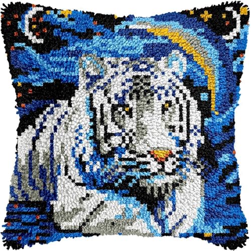 Knüpfkissen-Set für Erwachsene, weißer Tiger, Kissenbezug mit vorgedrucktem Kissenbezug, Häkelgarn, Stickerei, Knüpfkissen, für Heimdekoration, 43,2 x 43,2 cm (L x B) von Generisch