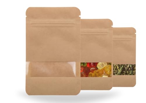 Kraftpapier Tüten – Standbodenbeutel - Papiertüte mit Sichtfenster - Doypack - Standbeutel Ideal für Kaffee, Tee, Gewürze, Snacks in verschiedenen Größen (100 Stück, 85x140 mm / 100ml) von Generisch