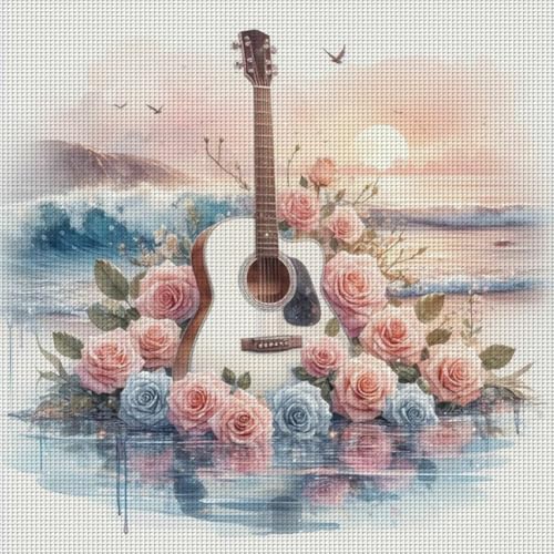 Kreuzstich, Stickvorlagen Stickbilder Vorgedruckt Kreuzstich Stickpackungen Stickpackung Cross Stitch Stickset Sticken Set Erwachsene Anfänger 40x40cm-Rosen Gitarre von Generisch