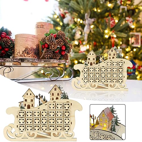 Kugeln Ornamente Lila Baumkugeln Kugeln Weihnachtsmann Schlitten Form Weihnachten Holz Adventskalender mit LED-Licht Dorfhaus 24 Tage Countdown Dekoration Mit Großer Schubladenbox 24 von Generisch