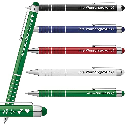 Kugelschreiber aus Metall mit Touchfunktion inklusive Wunschgravur | 8 Zierringe | Farben | Druckkugelschreiber mit Gravur | Werbekugelschreiber personalisiert | Emoji Gravur (Grün, 100 Stück) von Generisch