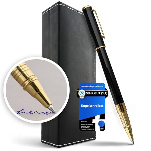 Komfort Kugelschreiber hochwertig aus Metall, Tintenroller edel, Schreibset Edelstahl, Premium Rollerball Roller Pen, Luxus Metallkugelschreiber ideal als Geschenk inkl. 3 Minen (Gold) von Generisch