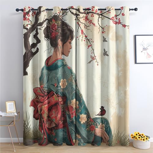 Kyoto Geisha Mädchen Vorhang, Pflaumenblüte Gardinen mit Ösen 2er Set Verdunkelungsvorhang, Schönes Mädchen Vorhänge, Wohnzimmer Schlafzimmer Kinderzimmer Blickdichte vorhänge, 280x260 cm 2u&k-201 von Generisch