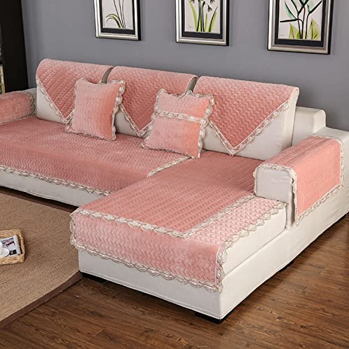 L-förmiger Schnittsofabezug, rutschfest, Couchüberzüge für Sektionssofa, Sessel, Sofas, Schutzmatten, Plüschstoff, gesteppte Spitzenränder, Rosa, 109,2 x 210,8 cm von Generisch