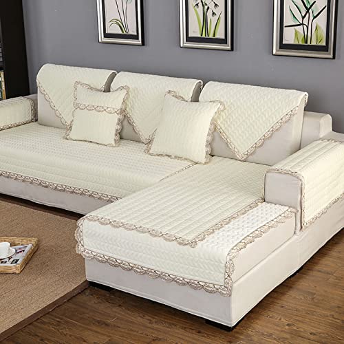 L-förmiger Sektions-Sofabezug, rutschfest, Chaiselongue-Schutz, Plüschstoff, gesteppt, Beige, 110 x 210 cm von Generisch