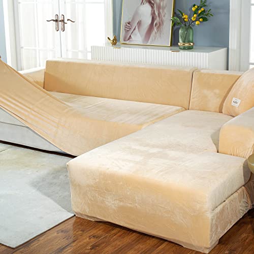 L-förmiger Sofabezug aus Samtstoff mit elastischer Unterseite, 2-teilig, Couchbezug, Möbelschutz für Haustiere, Kinder, Beige (mittelgroß, 3 + 3-Sitzer) von Generisch