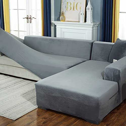 L-förmiger Stretch-Sofa-Schonbezug aus Samtstoff, 2-teilig, Couchbezug mit elastischer Unterseite, Möbelschutz für Kinder, Haustiere, Hellgrau, groß, 3 + 4 Sitzer von Generisch