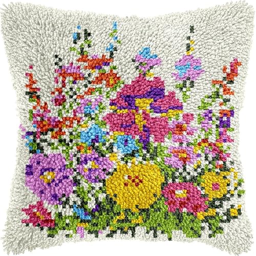 L117 Knüpfkissen-Set für Erwachsene, Blumen-Kissenbezug mit vorgedrucktem Kissenbezug, Häkelgarn, Stickerei, Knüpfkissen, für Heimdekoration, 43,2 x 43,2 cm von Generisch