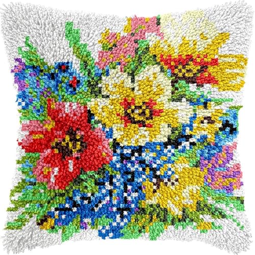 L123 Knüpfkissen-Set für Erwachsene, Blumen-Kissenbezug mit vorgedrucktem Kissenbezug, Häkelgarn, Stickerei, Knüpfkissen, für Heimdekoration, 43,2 x 43,2 cm von Generisch