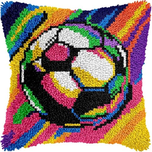 L131 Knüpfkissen-Set für Erwachsene, Farbkunst, Fußball-Kissenbezug mit vorgedrucktem Kissenbezug, Häkelgarn, Stickerei, Knüpfkissen für Heimdekoration, 43,2 x 43,2 cm von Generisch