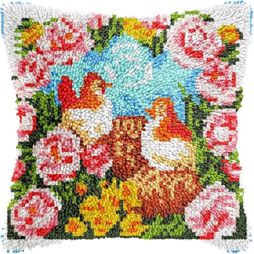 L163 Knüpfkissen-Set für Erwachsene, Blumenmuster, Henne, Kissenbezug mit vorgedrucktem Kissenbezug, Häkelgarn, Stickerei, Knüpfkissen für Heimdekoration, 43,2 x 43,2 cm von Generisch