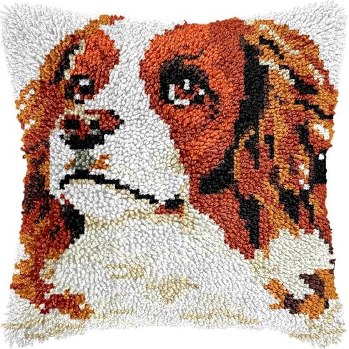 L181 Knüpfkissen-Set für Erwachsene, Charles Spaniel-Kissenbezug mit vorgedrucktem Kissenbezug, Häkelgarn, Stickerei, Knüpfkissen für Heimdekoration, 43,2 x 43,2 cm von Generisch