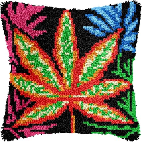 L187 Knüpfkissen-Set für Erwachsene, Cannabisblätter, Kissenbezug mit vorgedrucktem Kissenbezug, Häkelgarn, Stickerei, Knüpfkissen für Heimdekoration, 43,2 x 43,2 cm von Generisch