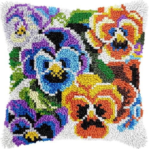 L197 Knüpfkissen-Set für Erwachsene, Stiefmütterchen-Blumen, Kissenbezug mit vorgedrucktem Kissenbezug, Häkelgarn, Stickerei, Knüpfkissen für Heimdekoration, 43,2 x 43,2 cm (L x B) von Generisch