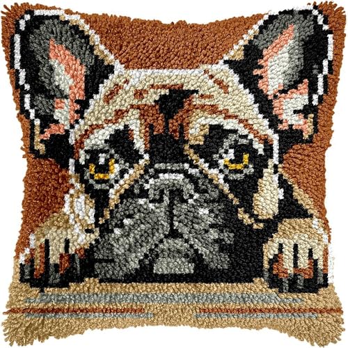 L212 Knüpfkissen-Set für Erwachsene, Bulldogge, Kissenbezug mit vorgedrucktem Kissenbezug, Häkelgarn, Stickerei, Knüpfkissen, Heimdekoration, 43,2 x 43,2 cm von Generisch