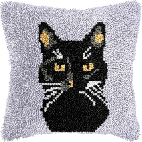 L84 Knüpfkissen-Set für Erwachsene, schwarze Katze, Kissenbezug mit vorgedrucktem Kissenbezug, Häkelgarn, Stickerei, Knüpfkissen, für Heimdekoration, 43,2 x 43,2 cm von Generisch