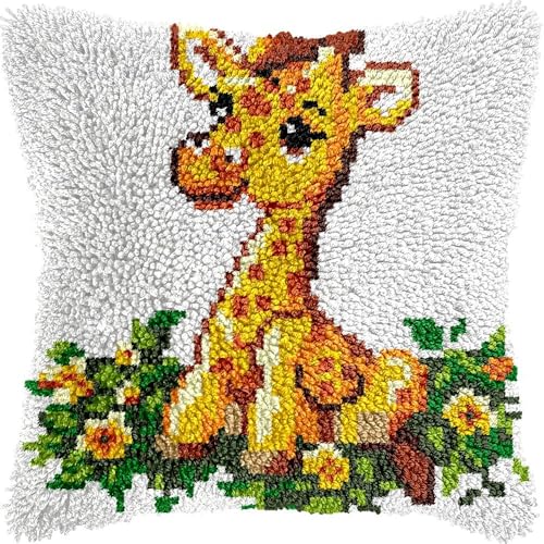 L85 Knüpfkissen-Set für Erwachsene, kleine Giraffe, Kissenbezug mit vorgedrucktem Kissenbezug, Häkelgarn, Stickerei, Knüpfkissen, für Heimdekoration, 43,2 x 43,2 cm von Generisch