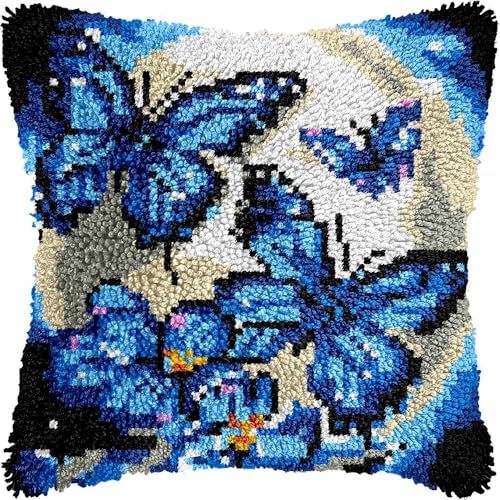 L86 Knüpfkissen-Set für Erwachsene, blaue Schmetterlinge, Kissenbezug mit vorgedrucktem Kissenbezug, Häkelgarn, Stickerei, Knüpfkissen, für Heimdekoration, 43,2 x 43,2 cm von Generisch