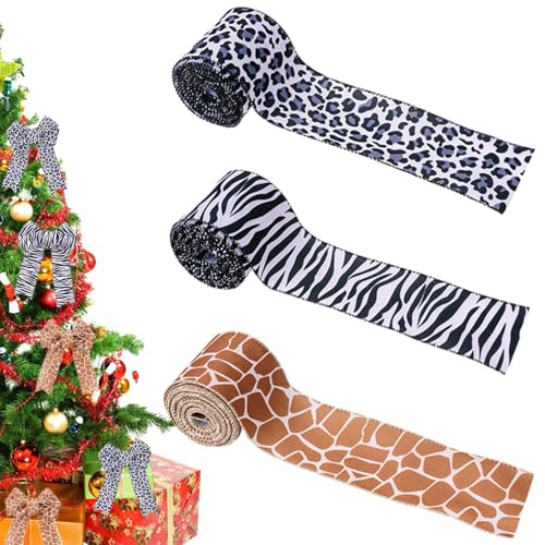 Leoparden-Druckband, Dschungel-Druckband,3 Rollen Tier-Geschenkband mit Drahtrand | Dekoratives Tier-Geschenkband, Bastelband, 5 Yards für die Weihnachtsdekoration von Generisch