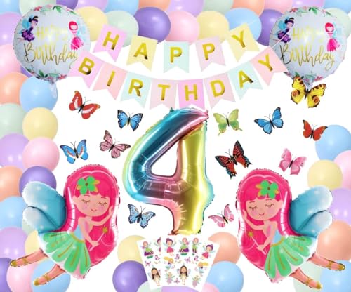 Luxus Fairy Butterfly Dekoration Fee und Schmetterling Deko mit Riesenzahl 4 Jahre Feen Geburtstag Schmetterling Fee Party Pastell Ballons 4 Geburtstag Folienballons 4 Mädchen Geburtstag (Zahl 4) von Generisch