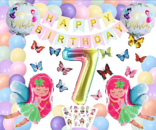 Luxus Fairy Butterfly Dekoration Fee und Schmetterling Deko mit Riesenzahl 7 Jahre Feen Geburtstag Schmetterling Fee Party Pastell Ballons 7 Geburtstag Folienballons 7 Mädchen Geburtstag (Zahl 7) von Generisch