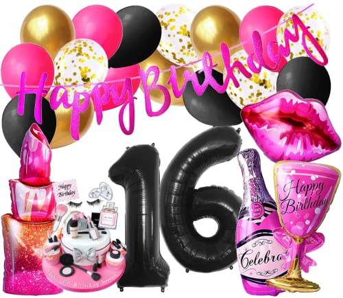 Luxus Lady Mädchen Geburtstags Deko 16 Jahre Girls Party Mode Insta Dekoration Lippen Folienballon Pink Schwartz Ballon 16 Zahlen Folienballons Jubiläum Beauty Kosmetik Stars Motoparty (Zahl 16) von Generisch