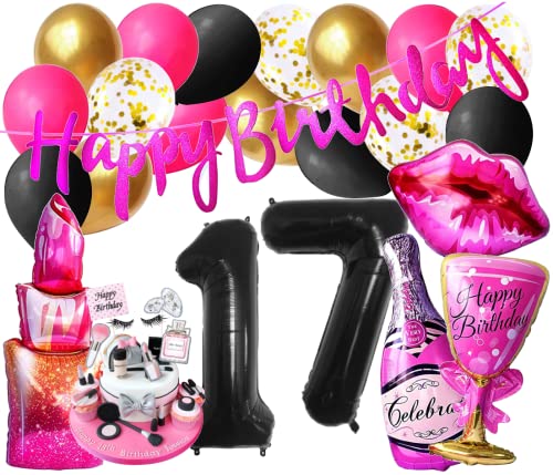 Luxus Lady Mädchen Geburtstags Deko 17 Jahre Girls Party Mode Insta Dekoration Lippen Folienballon Pink Schwartz Ballon 17 Zahlen Folienballons Jubiläum Beauty Kosmetik Stars Motoparty (Zahl 17) von Generisch