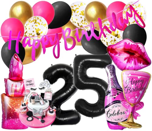 Luxus Lady Mädchen Geburtstags Deko 25 Jahre Girls Party Mode Insta Dekoration Lippen Folienballon Pink Schwartz Ballon 25 Zahlen Folienballons Jubiläum Beauty Kosmetik Stars Motoparty (Zahl 25) von Generisch