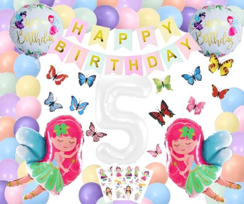 Mädchen 5 Geburtstag Deko Set Luxus Fairy Butterfly Dekoration Fee Schmetterling Riesenzahl 5 Jahre Feen Geburtstag Schmetterling Fee Party Pastell Weiß Ballons 5 Geburtstag Folienballons (Zahl 5) von Generisch