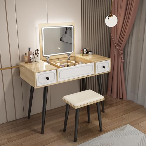 Make-up-Schreibtisch mit LED-Lichtern, Schubladen, Klapp-Top-Kommode und Hocker für Schlafzimmer oder kleine Räume, natürliches Holz-Finish von Generisch