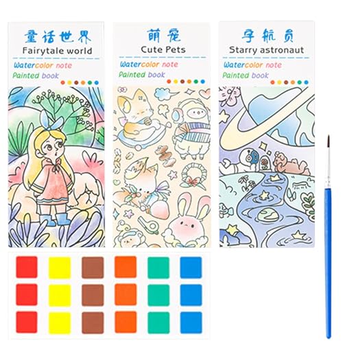 Malbuch, Aquarell-Malbuch für Kinder,Kreatives Mal- und Zeichenbuch - Kreatives Aquarell-Malbuch, 3-Themen-Aquarell-Malbücher mit Pinsel von Generisch