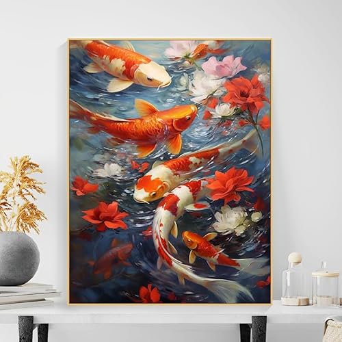 Malen Nach Zahlen Erwachsene Anfänger 40x50 cm Fluss Lotus Rot Karpfen Fisch Mit Rahmen inklusive Pinsel Acrylfarben Malen Nach Zahlen für DIY Malerei kreatives Geschenk Home Haus Deko von Generisch