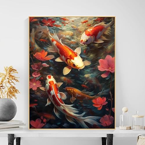 Malen Nach Zahlen Erwachsene Fluss Lotus Rot Karpfen Fisch DIY Ölgemälde Leinwand für Anfänger Wanddekoration mit Pinseln Acrylpigment Wohnzimmer Dekoration 40x50 cm (Mit Rahmen) von Generisch