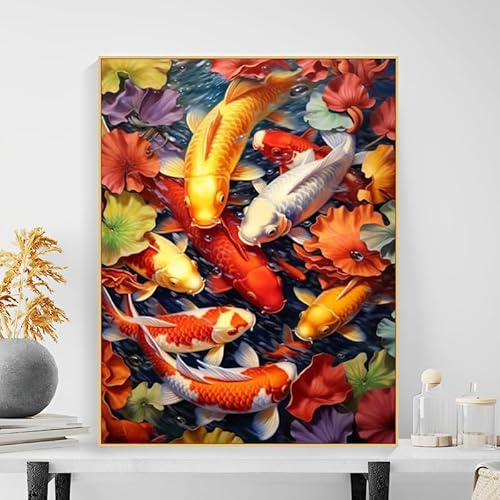 Malen Nach Zahlen Erwachsene Fluss Lotus Rot Karpfen Fisch DIY Ölgemälde Leinwand für Anfänger Wanddekoration mit Pinseln Acrylpigment Zuhause Wohnzimmer Dekoration 40x50cm (Mit Rahmen) von Generisch