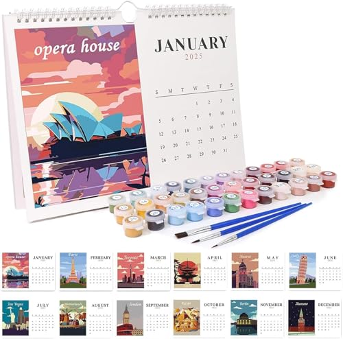 Malen Nach Zahlen Kalender 2025, DIY Wandkalender zum Selber, Malen Nach Zahlen Jahreskalender, Landschaft 2025 Tischkalender mit Pinsels und Acrylfarbe für Heimdeko und Geschenk (01A) von Generisch