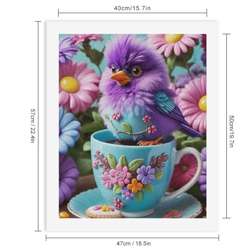 Malen nach Zahlen Ein süßer violetter Vogel, der in einer bunten Tasse sitzt, umgeben von Blumen. Digitales Malset für Erwachsene, 40 x 50 cm Malen nach Zahlen Ein süßer violetter Vogel, der in einer bunten Tasse sitzt, umgeben von Blumen. Digitales Malset für Erwachsene, 40 x 50 cm von Generisch